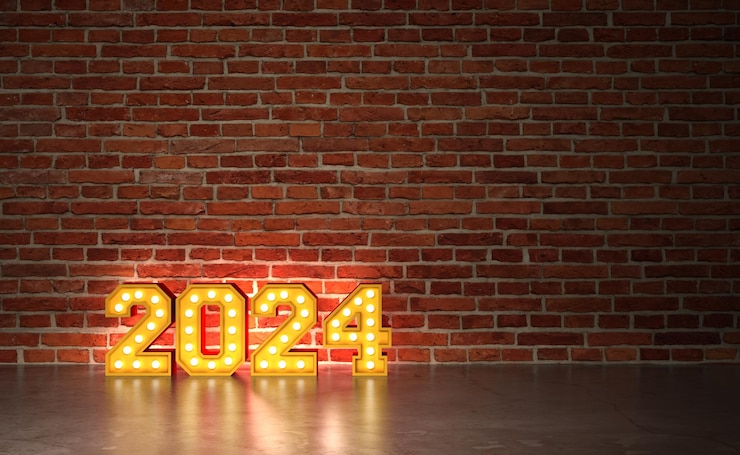 Foto conceito de design criativo de ano novo 2024 com imagem renderizada em 3d de luzes