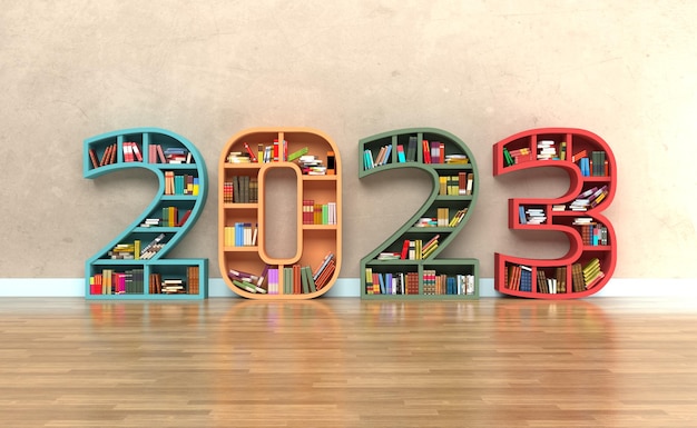 Conceito de design criativo de ano novo de 2023 com estante de livros - imagem renderizada em 3D