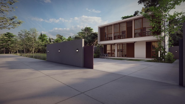conceito de design de arquitetura de casa tropical moderna exterior minimalista ilustração 3d