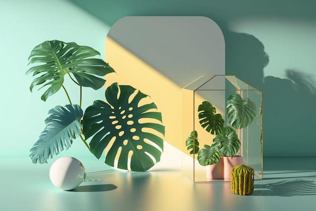 Conceito de design de folhas de palmeira interior tropical tropical em fundo de luz azul Geração de IA