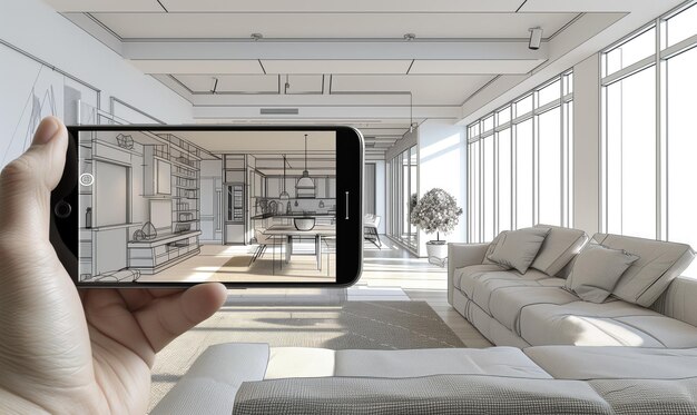 Foto conceito de design de interiores de apartamento gráfico branco claro usando realidade aumentada através de smartphone virtual