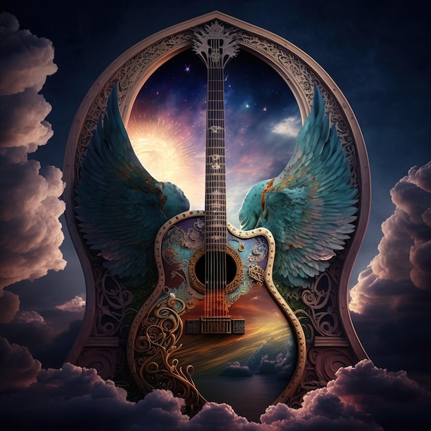 Conceito de design de uma música em alta com uma guitarra com asas nas nuvens