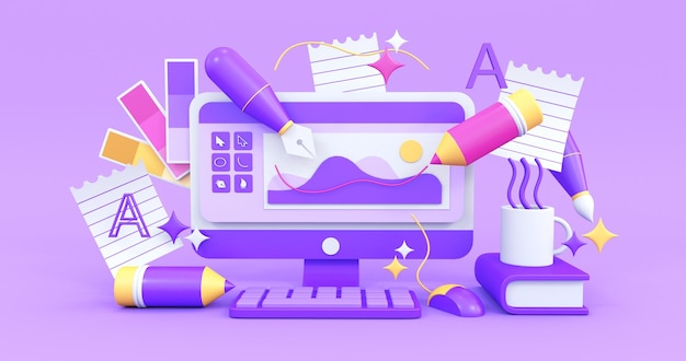 conceito de design gráfico em fundo roxo renderização 3d