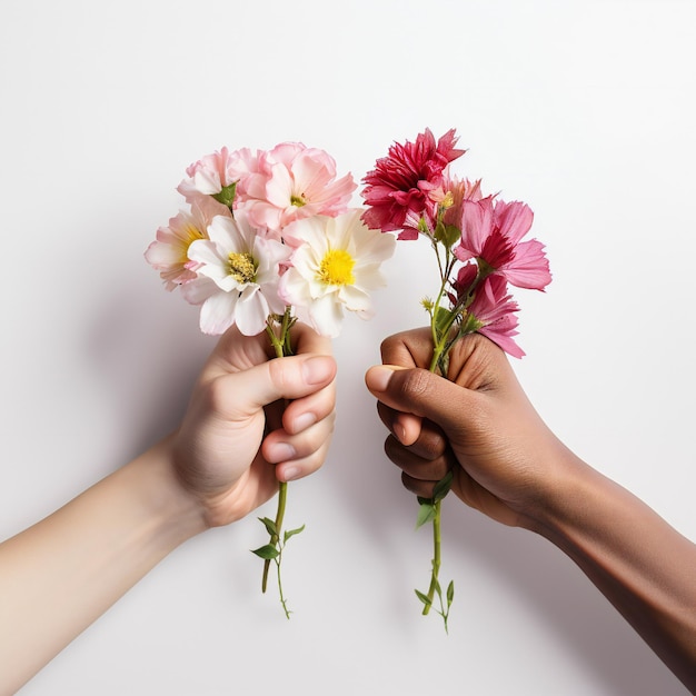 Conceito de dia da mulher com duas mãos segurando flores em fundo branco