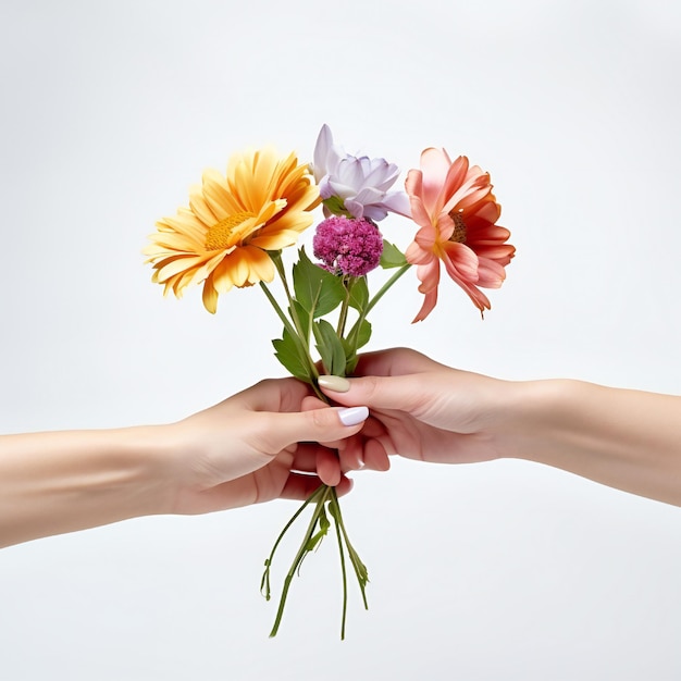 Foto conceito de dia da mulher com duas mãos segurando flores em fundo branco