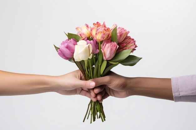 Conceito de dia da mulher com duas mãos segurando flores em fundo branco