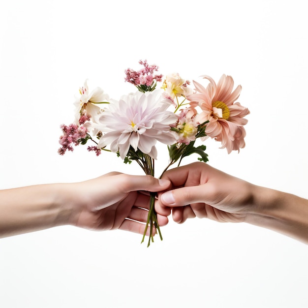 Conceito de dia da mulher com duas mãos segurando flores em fundo branco