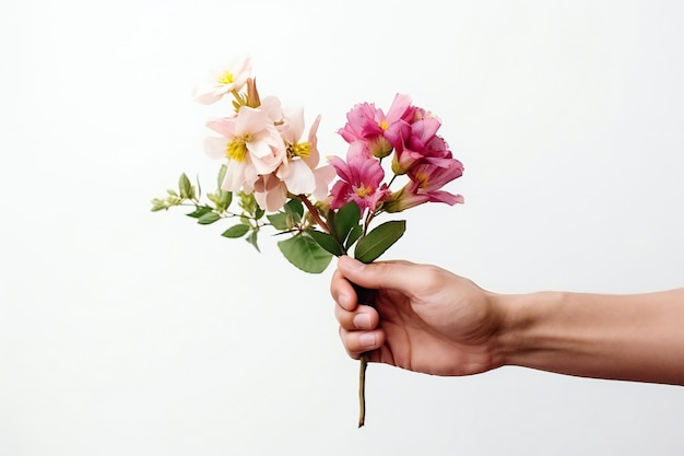 Foto conceito de dia da mulher com duas mãos segurando flores em fundo branco