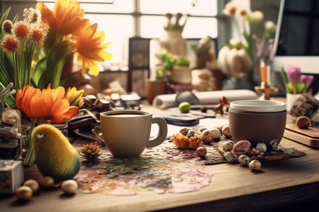 Conceito de dia de Páscoa na mesa com doces de coelho ou ovos decorativos coloridos Decoração de páscoa na mesa