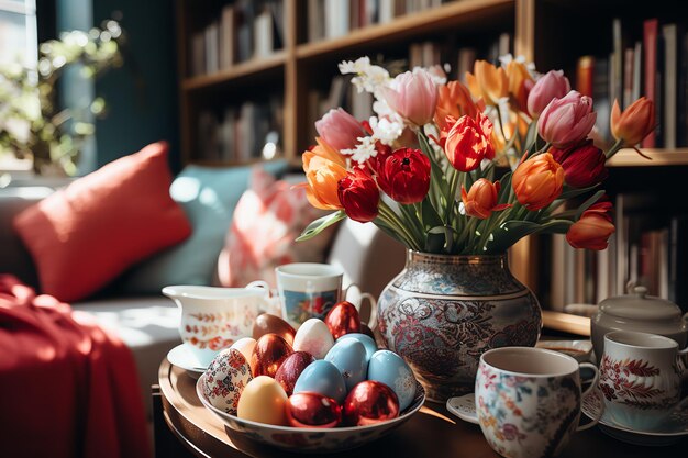 Conceito de dia de Páscoa na sala de estar com doces de coelho ou ovos decorativos coloridos Celebração da Páscoa