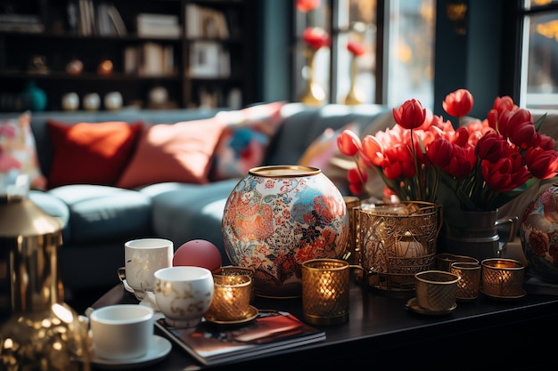 Foto conceito de dia de páscoa na sala de estar com doces de coelho ou ovos decorativos coloridos celebração da páscoa