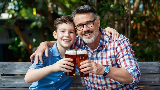 Foto conceito de dia do pai com pai e filho posando com cerveja