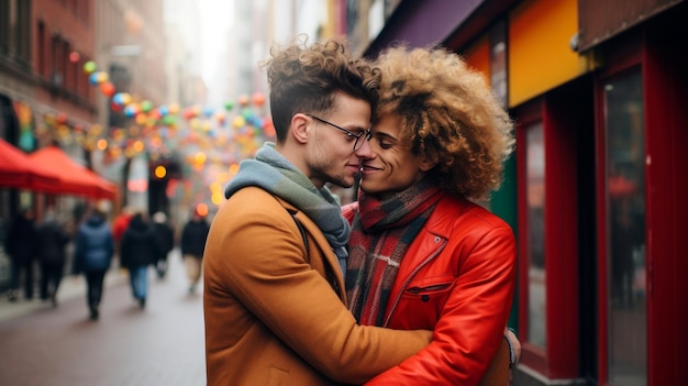 Conceito de Dia dos Namorados Casal de dois homens abraçados na rua sorrindo com muito amor