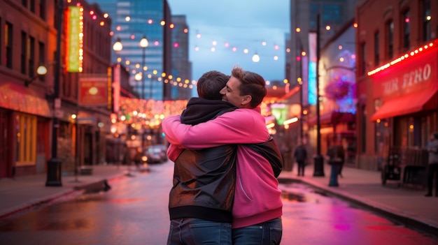 Conceito de Dia dos Namorados Casal de dois homens abraçados na rua sorrindo com muito amor