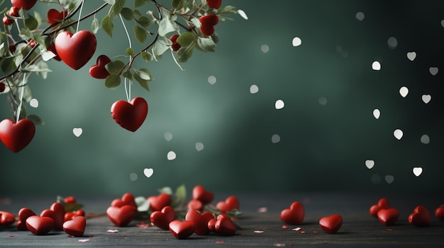 Conceito de Dia dos Namorados coração vermelho fundo verde ideia mínima de valentins ou aniversário