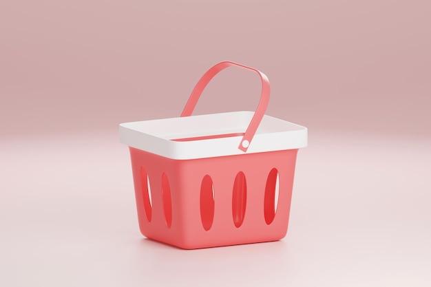 Conceito de dia dos namorados de cesta de compras de renderização 3D rosa ou vermelho