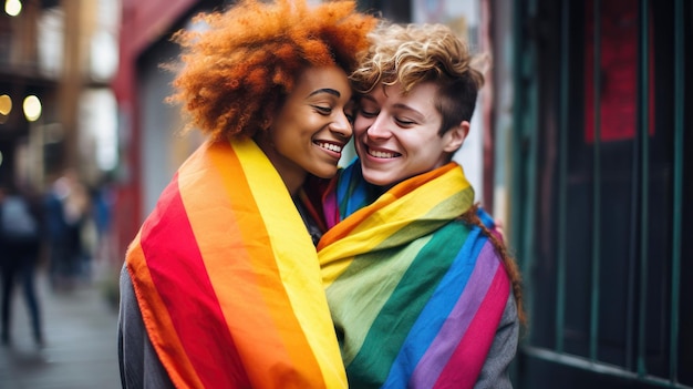 Foto conceito de dia dos namorados duas mulheres se abraçando com amor com a bandeira do orgulho