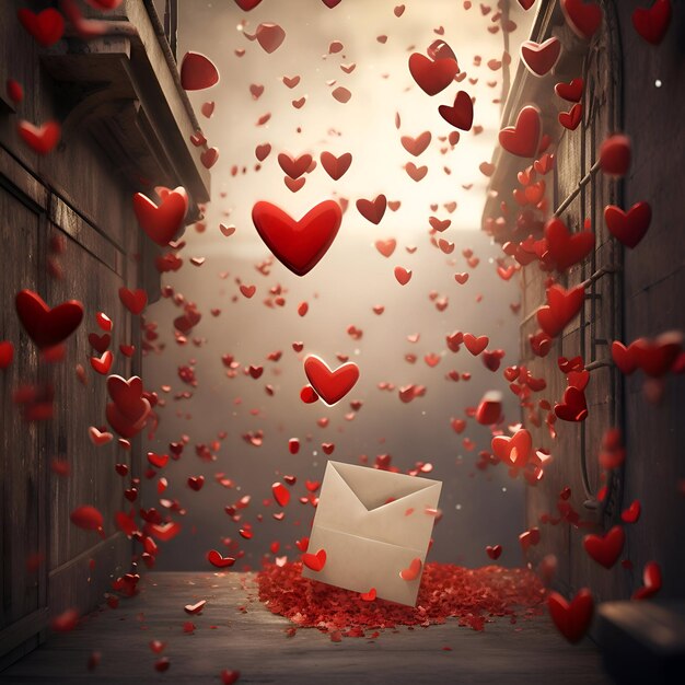 Conceito de Dia dos Namorados Envelope com corações vermelhos voando para fora da porta