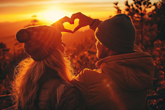 Foto conceito de dia dos namorados jovem e mulher criando formato de coração com as mãos ao pôr do sol ia generativa