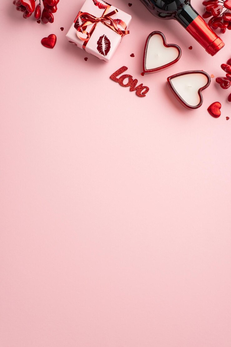 Conceito de Dia dos Namorados Top view foto vertical de pequena caixa de presente em embalagem com beijo lábios padrão garrafa de vinho vela em forma de coração e confeti em fundo rosa claro isolado com copyspace