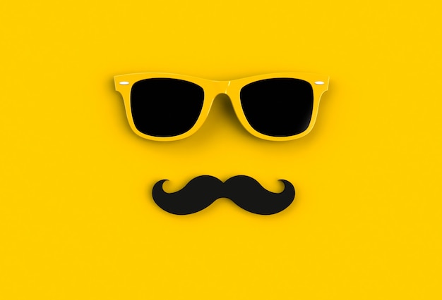 Conceito de dia dos pais. Óculos de sol amarelo hipster e bigode engraçado