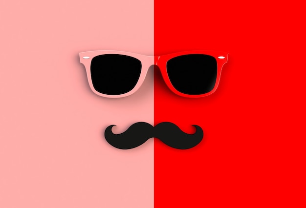 Conceito de dia dos pais. Óculos de sol hipster e bigode engraçado sobre fundo vermelho, renderização em 3d