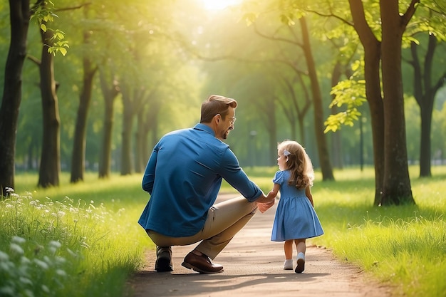Foto conceito de dia dos pais feliz família pai e filha filha de volta no parque na natureza