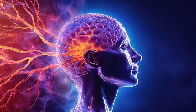 Conceito de dia mundial do câncer de cabeça humana com impulsos neurais e cérebro