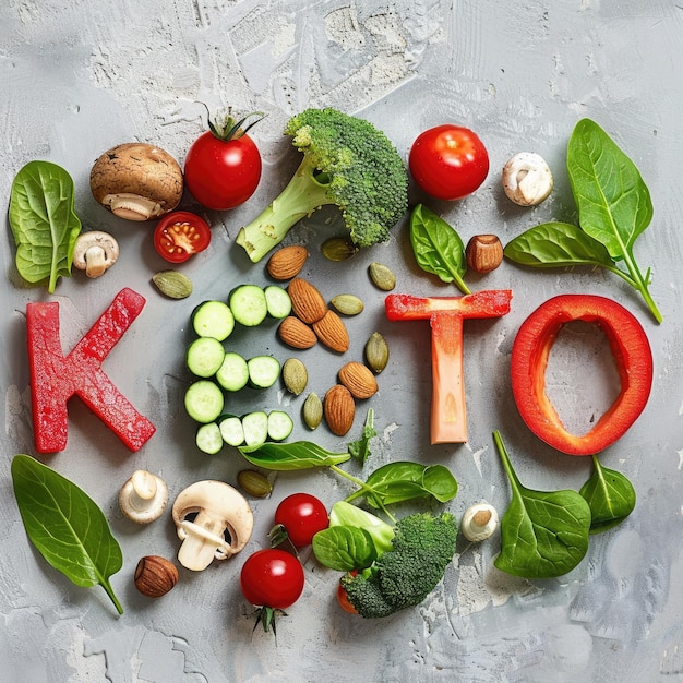 Foto conceito de dieta ceto pilha de legumes baixos em carboidratos frutas verdes e nozes com texto ceto mostrando opções nutritivas para hábitos alimentares cetogênicos