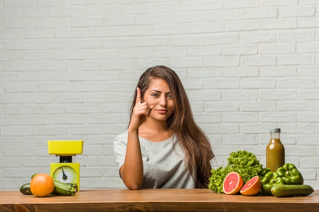 Conceito de dieta. retrato, de, um, saudável, jovem, latim, mulher, mostrando, numere um, símbolo, de, cou