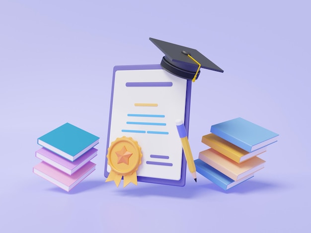 Conceito de diploma com chapéu de formatura e livro flutuando em fundo pastel certificado de graduação cursos de qualidade exame educação informações garantia conhecimento documento garantia garantia renderização 3d