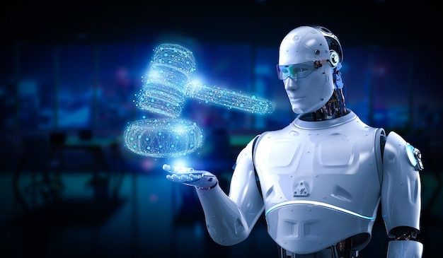 Conceito de direito da Internet com robô ai de renderização 3d com juiz de martelo