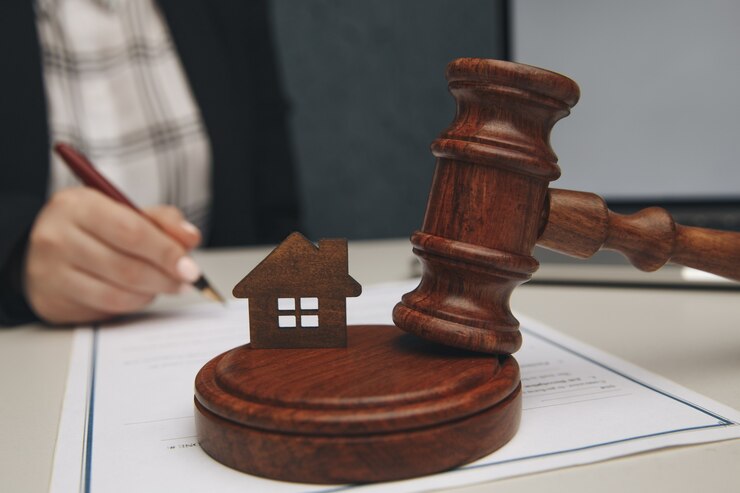 Conceito de direito imobiliário. Maquete de casa e martelo.