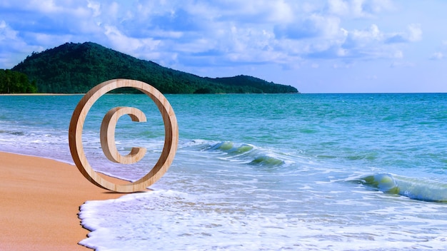 Conceito de direitos de autor direitos de autor e propriedade intelectual patenteada direitos de autor símbolo de proteção sinal em fundo de praia de areia limpa registrar marca comercial e logotipo