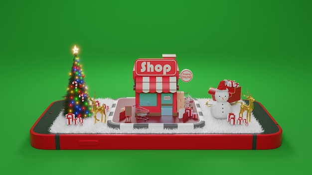 Conceito de e-commerce no Natal ou ano novo, compras on-line e serviço de entrega em aplicativos móveis., Renderização em 3D.