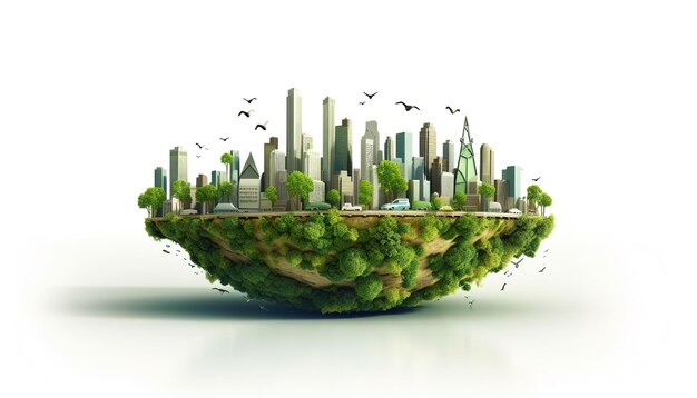 Conceito de ecologia com cidade ecológica verde no fundo da natureza