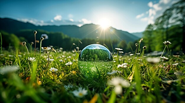conceito de ecologia e proteção ambiental bola de vidro em um campo verde Dia da Terra