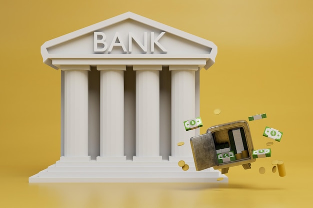 conceito de economia de dinheiro. guardar dinheiro em um banco seguro. edifício do banco, um cofre aberto do qual o dinheiro