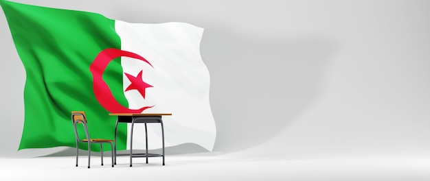 Conceito de educação. 3D da mesa e a bandeira da Argélia em fundo branco.