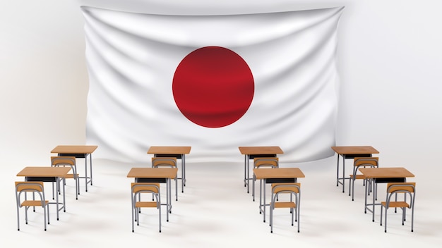 Conceito de educação. 3d das mesas e a bandeira do japão em fundo branco.