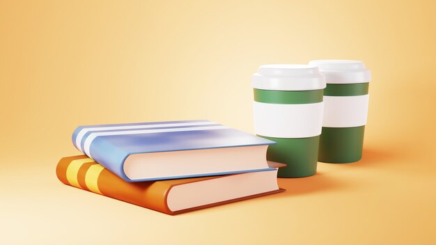 Conceito de educação. 3D de livros e café em fundo laranja. Conceito isométrico de design moderno plano de educação. De volta à escola.