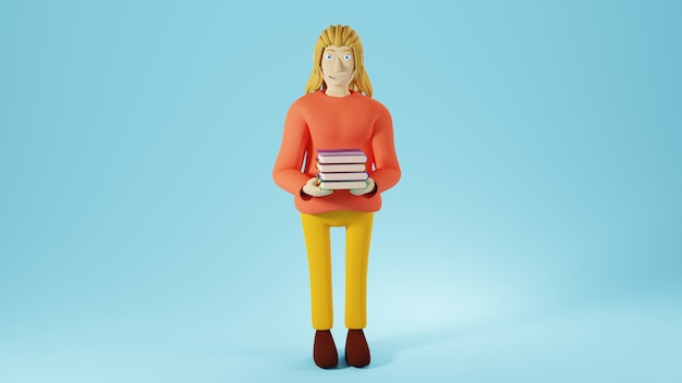 Conceito de educação. 3D de uma mulher segurando livros sobre fundo azul.