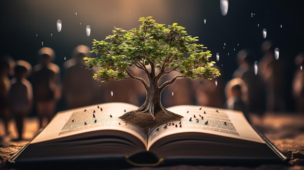 Conceito de educação com a plantação de uma árvore do conhecimento e a abertura de um grande livro antigo em uma biblioteca IA geradora