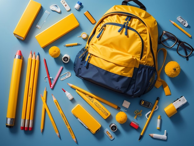 Conceito de educação de volta às aulas com mochila amarela e suprimentos