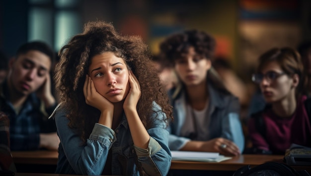 Foto conceito de educação e aprendizagem retrato de um estudante cansado e entediado sentado à mesa na sala de aula em