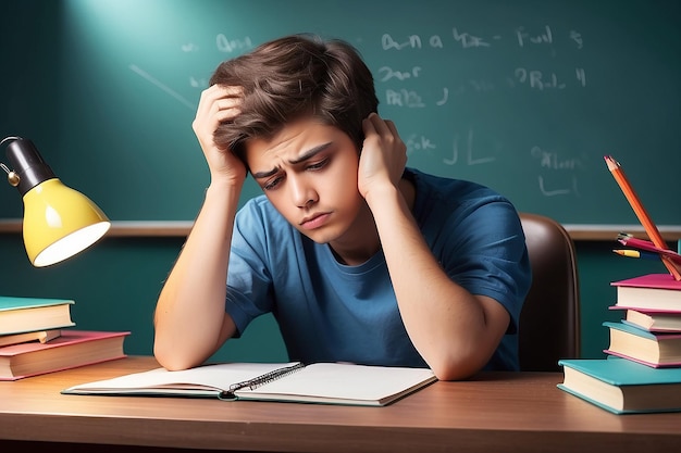 Foto conceito de educação e aprendizagem retrato de um estudante cansado e entediado sentado na secretária