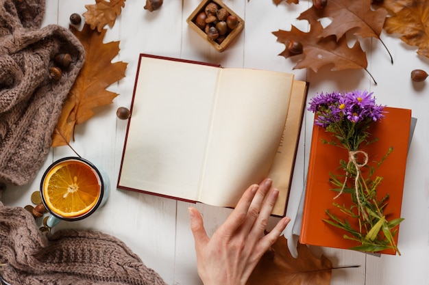 Conceito de educação e pessoas - mãos de mulher lendo livro na mesa de madeira