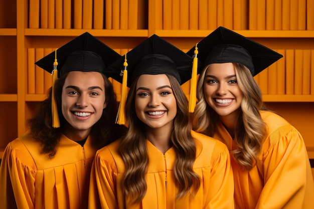 Conceito de educação Equipe de alunos felizes em fundo amarelo