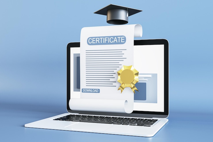 Foto conceito de elearning e cursos de educação on-line com vista em perspectiva no certificado de qualificação com boné de formatura preto selo dourado e laptop moderno em renderização 3d de fundo azul