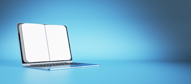 Conceito de elearning e elibrary com vista em perspectiva em páginas de caderno branco em branco para texto publicitário ou logotipo na tela do laptop moderno em fundo azul com lugar para maquete de renderização 3D de pôster